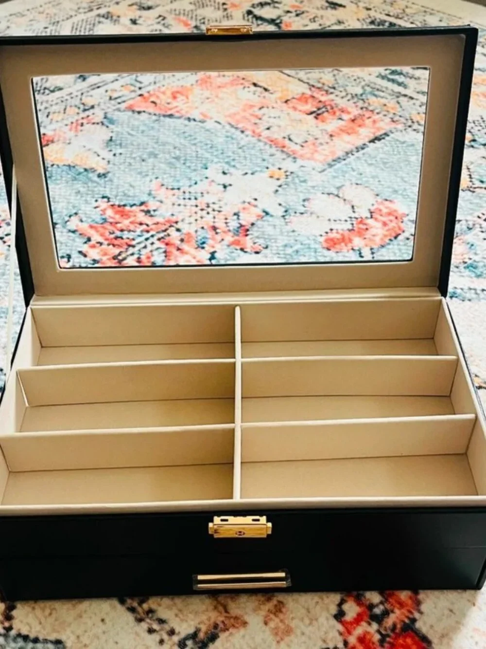 Black Jewelry Organizer Box with Glass Top and Gold Accents